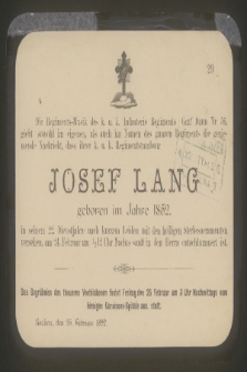 Die Regiments-Musik Josef Lang [...] geborem im Jahre 1852 [...] Krakou, den 25. Februar. 1892