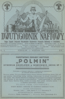 Dwutygodnik Naftowy : organ Zespołu Związków Pracowników Umysłowych Przemysłu Naftowego w Borysławiu. R.1, 1924, nr 4