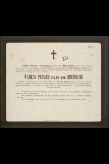 Camilla Peinlich vom Immenburg, geborene Gräfin Bubna-Littitz giebt imeigenen Namen […] Wilhelm Peinlich Edlen von Immenburg k. k. Obersten, Commanndanten des Linien-Infanterie-Regiments […]