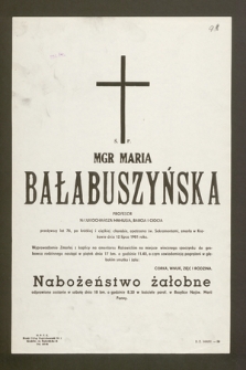 Ś.p. Mgr Maria Bałabuszyńska profesor [...] zmarła w Krakowie dnia 12 lipca 1981 roku [...]