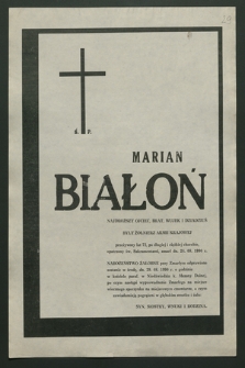 Ś. p. Marian Białoń [...] były żołnierz Armii Krajowej [...], zmarł dn. 24.08.1990 r. [...]