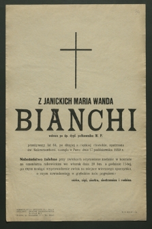 Z Janickich Maria Wanda Bianchi wdowa po śp. dypl. pułkowniku W. P. [...], zasnęła w Panu dnia 17 października 1959 r. [...]