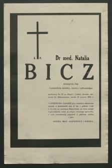 Ś. p. dr med. Natalia Bicz, dyrektor PSK [...], zmarła 16 czerwca 1986 r. [...]