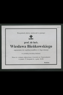 Wszystkich, którzy zachowali w pamięci prof. dr hab. Wiesława Bieńkowskiego zapraszamy do wspólnej modlitwy w Jego intencji w czwartą rocznicę śmierci [...]