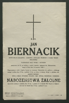 Ś. p. Jan Biernacik obywatel m. Krakowa [...], zasnął w Panu dnia 10 kwietnia 1968 r. [...]