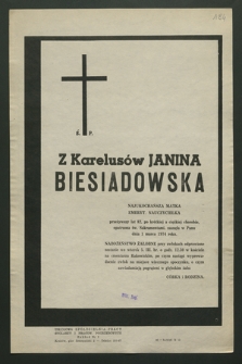 Z Karelusów Janina Biesiadowska [...], zasnęła w Panu dnia 1 marca 1974 roku [...]