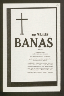 Ś.p. mgr Wilhelm Banaś prawnik [...] b. gł. księgowy hotelu „Francuski” [...] zmarł dnia 6 stycznia 1989 roku [...]