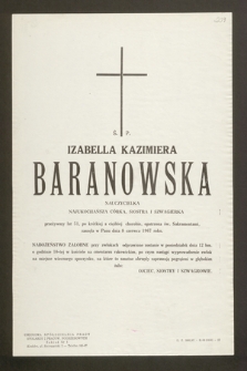 Ś.p. Izabella Kazimiera Baranowska nauczycielka [...] zasnęła w Panu dnia 8 czerwca 1967 roku [...]