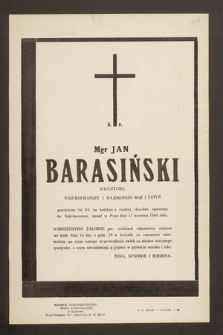Ś.p. Mgr Jan Barasiński nauczyciel [...] zasnął w Panu dnia 11 września 1966 roku [...]