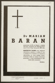 Ś.p. Dr Marian Baran [...] zmarł dnia 14-go listopada 1961 roku [...]