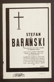 Ś.p. Stefan Barański [...] em. Kierownik Szkoły [...] zasnął w Panu dnia 3 kwietnia 1978 roku [...]