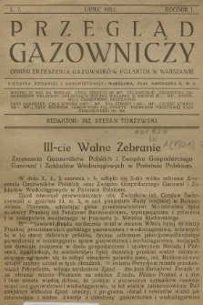 Przegląd Gazowniczy : organ Zrzeszenia Gazowników Polskich w Warszawie. R.1, 1921, nr 7