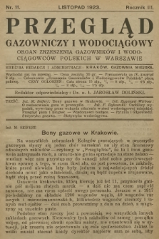 Przegląd Gazowniczy i Wodociągowy : organ Zrzeszenia Gazowników i Wodociągowców Polskich w Warszawie. R.3, 1923, nr 11