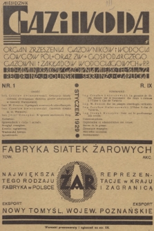 GGaz i Woda : organ Zrzeszenia Gazowników i Wodociągowców Pol. oraz Zw. Gospodarczego Gazowni i Zakładów Wodociągowych w P. P. R.9, 1929, nr 1