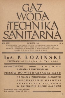 Gaz, Woda i Technika Sanitarna : miesięcznik, organ Polskiego Zrzeszenia Gazowników, Wodociągowców i Techników Sanitarnych. R.22, 1948, nr 4