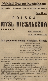 Polska Myśl Niezależna. 1938, nr 9 (nakład po konfiskacie drugi)