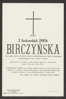 Z Sekowskich Zofia Birczyńska [...], zasnęła w Panu dnia 5 lutego 1968 r. [...]