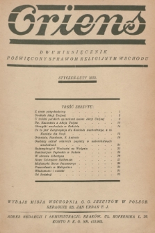 Oriens : dwumiesięcznik poświęcony sprawom religijnym Wschodu wydawany przez Misję Wschodnią OO. Jezuitów w Polsce. R. 1, 1933, nr 1-6