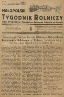 Małopolski Tygodnik Rolniczy : organ Małopolskiego Towarzystwa Rolniczego, Oddziału we Lwowie. R.1, 1937, nr 17