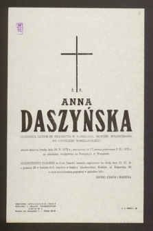 Ś.p. Anna Daszyńska uczennica Liceum im. Traugutta w Warszawie, skoczek spadochronowy Areoklubu Warszawskiego zmarła śmiercią lotnika dnia 28.X.1972 r. [...]