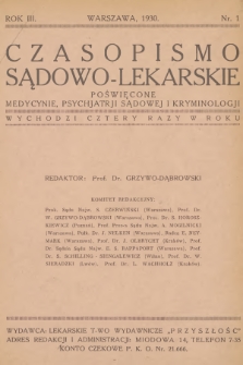 Czasopismo Sądowo-Lekarskie : poświęcone medycynie, psychjatrji sądowej i kryminologji. R.3, 1930, nr 1