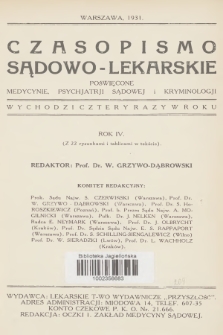Czasopismo Sądowo-Lekarskie : poświęcone medycynie, psychjatrji sądowej i kryminologji. R.4, 1931, Spis rzeczy tomu czwartego