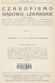 Czasopismo Sądowo-Lekarskie : poświęcone medycynie, psychjatrji sądowej i kryminologji. R.5, 1932, Spis rzeczy w tomie piątym