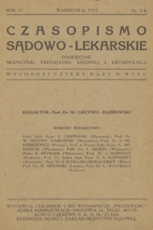 Czasopismo Sądowo-Lekarskie : poświęcone medycynie, psychjatrji sądowej i kryminologji. R.5, 1932, nr 1-2 + wkładka