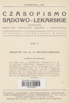 Czasopismo Sądowo-Lekarskie : poświęcone medycynie, psychjatrji sądowej i kryminologji. R.6, 1933, Spis rzeczy tomu szóstego