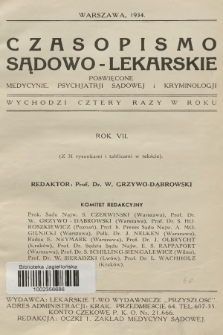 Czasopismo Sądowo-Lekarskie : poświęcone medycynie, psychjatrji sądowej i kryminologji. R.7, 1934, Spis rzeczy tomu siódmego