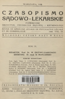 Czasopismo Sądowo-Lekarskie : poświęcone medycynie, psychjatrji sądowej i kryminologji. R.9, 1936, Spis rzeczy tomu dziewiątego