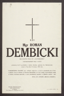Ś.p. Mgr Roman Dembicki długoletni prac. P.P. "Naftobudowa" [...] zasnął w Panu dnia 15 sierpnia 1968 roku [...]
