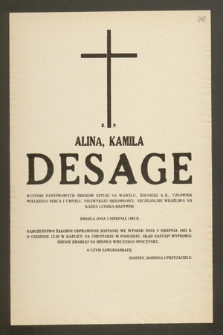 Ś. p. Alina Kamila Desage kustosz Państwowych Zbiorów Sztuki na Wawelu, żołnierz A.K. [...] zmarła dnia 3 sierpnia 1983 r. [...]