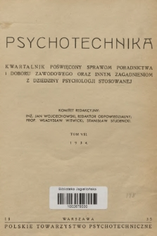 Psychotechnika : organ Polskiego Towarzystwa Psychologicznego. T.8, 1934, Spis rzeczy tomu VIII