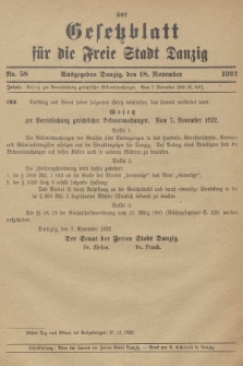 Gesetzblatt für die Freie Stadt Danzig. 1922, Nr. 58