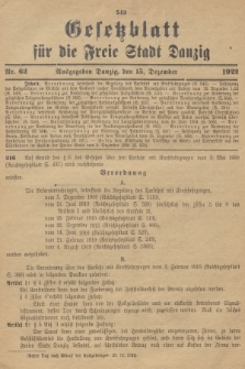 Gesetzblatt für die Freie Stadt Danzig. 1922, Nr. 62
