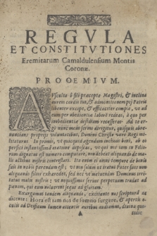 Regvla S. Benedicti Et Constitutiones Congregationis Eremitarum Camaldulensium Montis Coronæ : Visæ & approbatæ a summo Pontifice Clemente Nono. [P. 1-2]