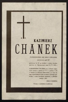 Ś.p. Kazimierz Chanek [...] emerytowany ppłk WP [...] zmarł 19 X 1985 r. [...]