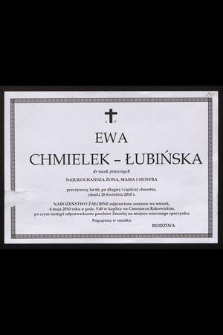 Ś.p. Ewa Chmielek-Łubińska dr nauk prawnych [...] zmarła 26 kwietnia 2010 r. [...]