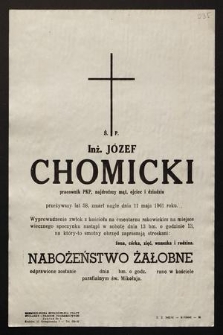 Ś.p. Inż. Józef Chomicki pracownik PKP [...] zmarł nagle dnia 11 maja 1961 roku [...]