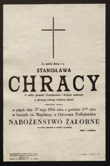 Za spokój duszy ś.p. Stanisława Chracy b. sołtys gromady Pieniążkowice i działacz społeczny w pierwszą bolesną rocznicę śmierci odprawione zostanie w piątek dnia 27 maja 1966 roku [...] nabożeństwo żałobne [...]