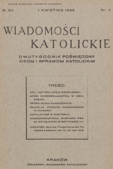 Wiadomości Katolickie : dwutygodnik poświęcony ideom i sprawom katolickim. R.12. 1935, nr 7