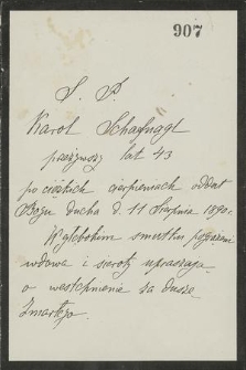 S. P. Karol Schafnagl [...] oddał Bogu ducha d. 11 Sierpnia 1890 r.