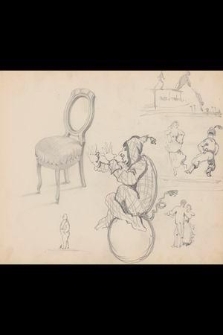 [Rysunek przedstawiający krzesło z oparciem, karykatura Stańczyka [?] i szkice postaci w różnych sytuacjach]