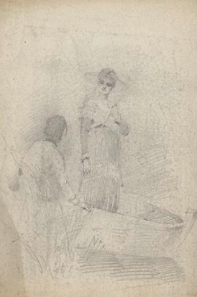 [Szkic kobiety stojącej w łódce z towarzyszącą jej drugą osobą widoczną od tyłu]