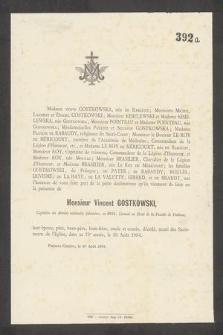 Madame veuve Gostkowska [...] Monsier Vincent Gostkowski, Capitane des Armèes nationales polonaises, en 1831, Licenciè en Droit de la Facultè de Toulouse [...] dècèdè [...] dans sa 78e annèe, le 29 Août 1884