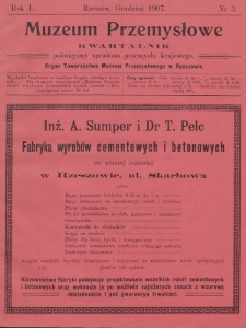 Muzeum Przemysłowe : kwartalnik poświęcony sprawom przemysłu krajowego : organ Towarzystwa „Muzeum Przemysłowe” w Rzeszowie. 1907, nr 3