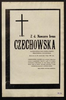 Ś. P. z d. Nawarro Irena Czechowska [...] zmarła dnia 1 lipca 1986 roku [...]