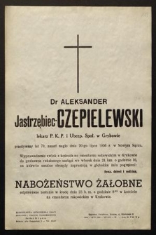 Dr Aleksander Jastrzębiec-Czepielewski [...] zmarł nagle dnia 20-go lipca 1956 r. w Nowym Sączu [...]