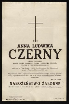 Ś. P. Anna Ludwika Czerny [...] zasnęła w Panu dnia 13 września 1968 roku [...]